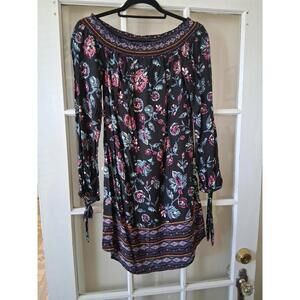 Beach Lunch Lounge Women's Dress Sz XS Black Floral Long Sleeve  Cotton I1